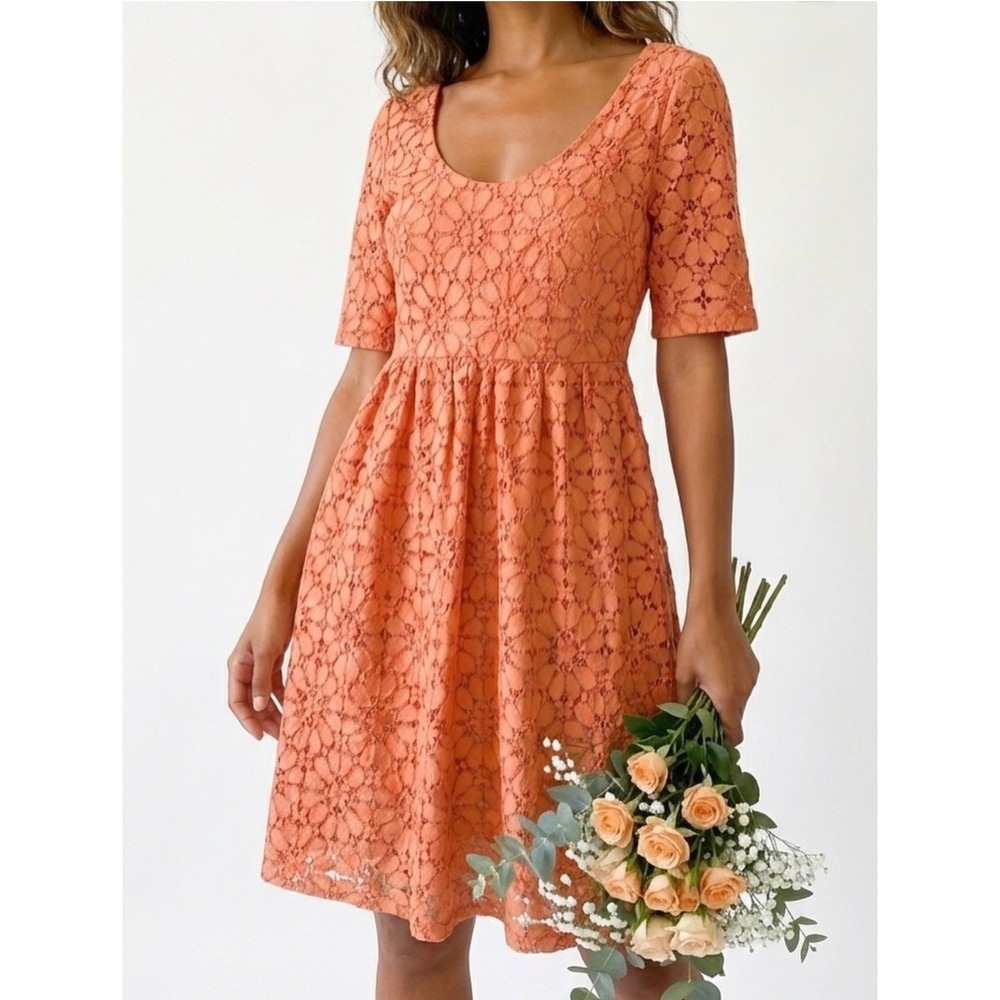 Zara Basic Peach Lace Eyelet Dress Size M Boho Cottagecore Fit & Flare